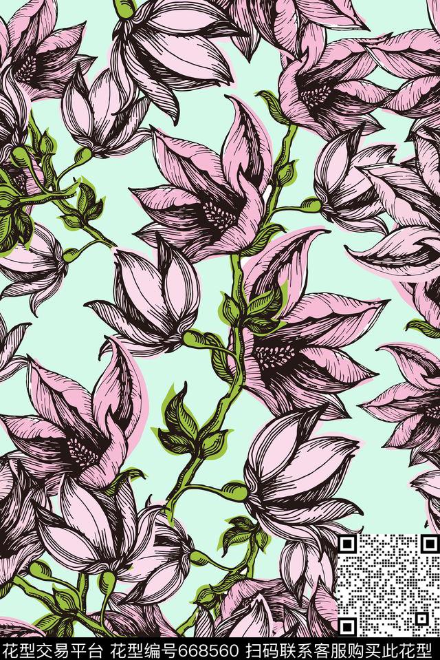 手绘线描传统数码印花华亿平台下载（图片编号: 668560） - 瓦栏（Walan）