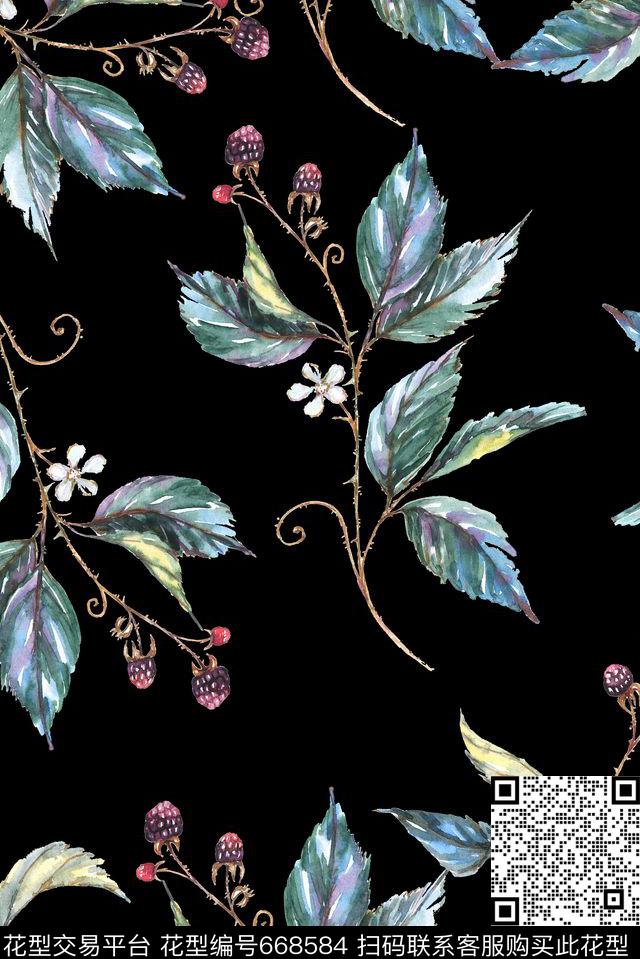 手绘树叶浆果数码印花华亿平台下载（图片编号: 668584） - 瓦栏（Walan）