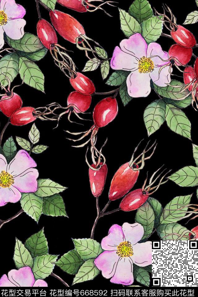 手绘花卉浆果数码印花华亿平台下载（图片编号: 668592） - 瓦栏（Walan）