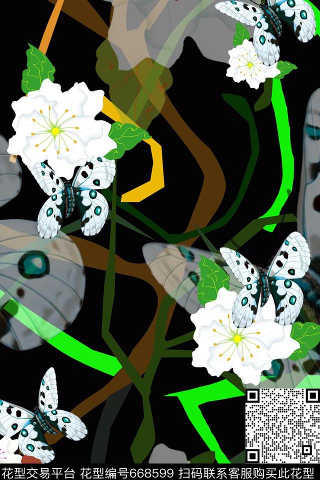 花朵花卉线条数码印花华亿平台下载（图片编号: 668599） - 瓦栏（Walan）