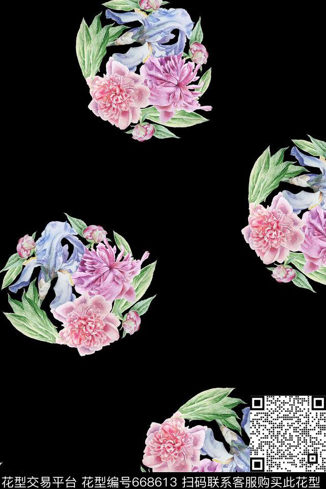手绘圆形花卉数码印花华亿平台下载（图片编号: 668613） - 瓦栏（Walan）