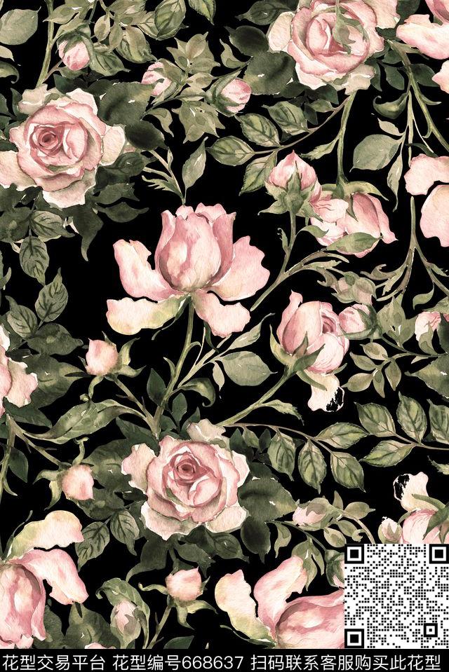 手绘绿叶玫瑰数码印花华亿平台下载（图片编号: 668637） - 瓦栏（Walan）