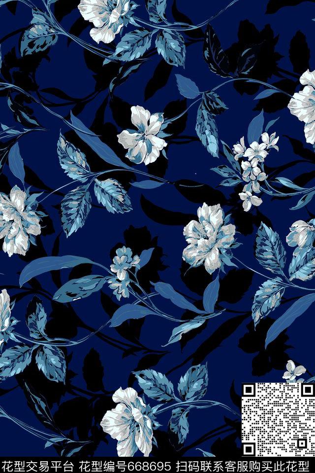 花卉复古蓝传统印花华亿平台下载（图片编号: 668695） - 瓦栏（Walan）
