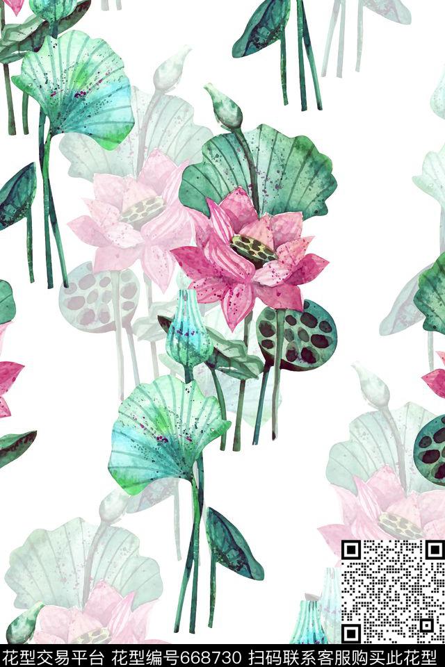 淡雅中国风荷花数码印花华亿平台下载（图片编号: 668730） - 瓦栏（Walan）