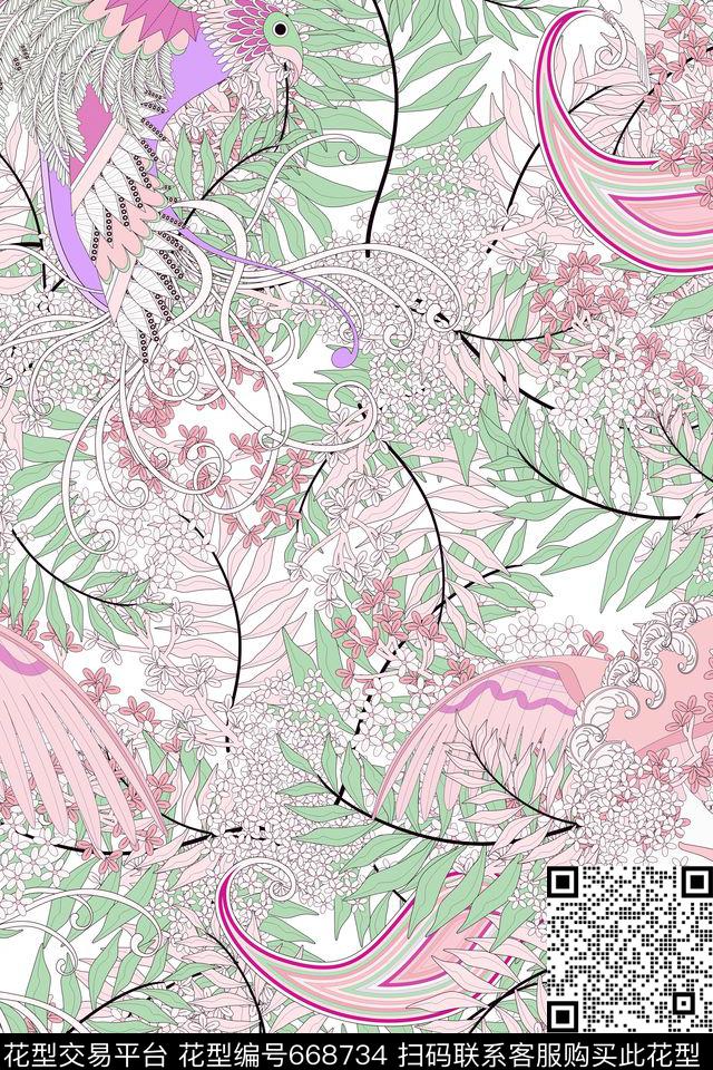 叶子凤凰仙鹤数码印花华亿平台下载（图片编号: 668734） - 瓦栏（Walan）