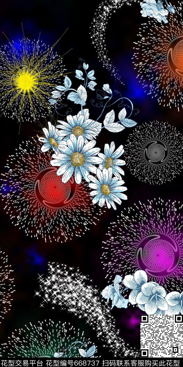 雏菊兰花花卉数码印花华亿平台下载（图片编号: 668737） - 瓦栏（Walan）