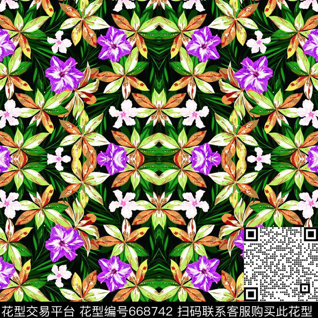 花卉大花绿植树叶数码印花华亿平台下载（图片编号: 668742） - 瓦栏（Walan）