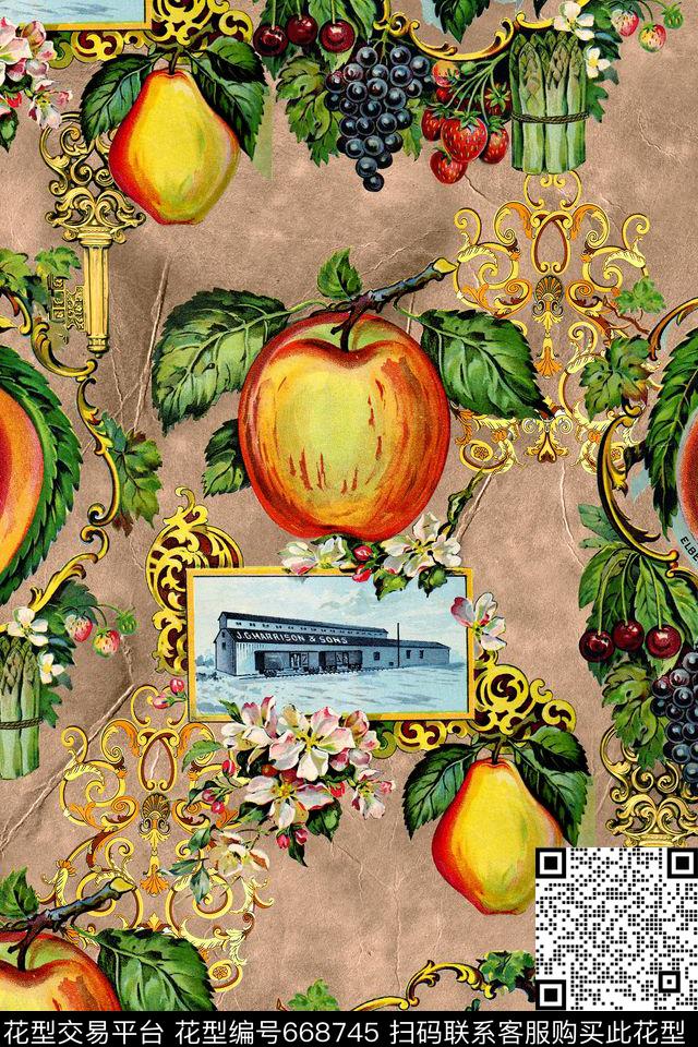 水果卷草纹理数码印花华亿平台下载（图片编号: 668745） - 瓦栏（Walan）