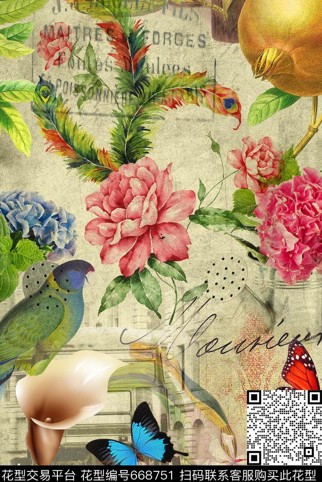 建筑风景花卉、蝴蝶、数码印花华亿平台下载（图片编号: 668751） - 瓦栏（Walan）