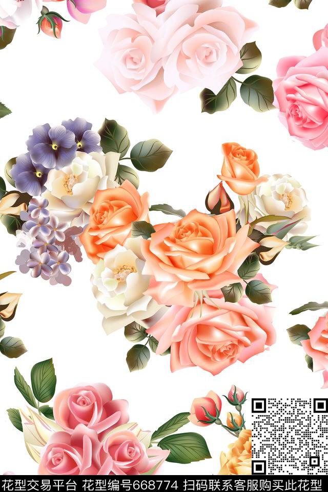乱花玫瑰花朵数码印花华亿平台下载（图片编号: 668774） - 瓦栏（Walan）