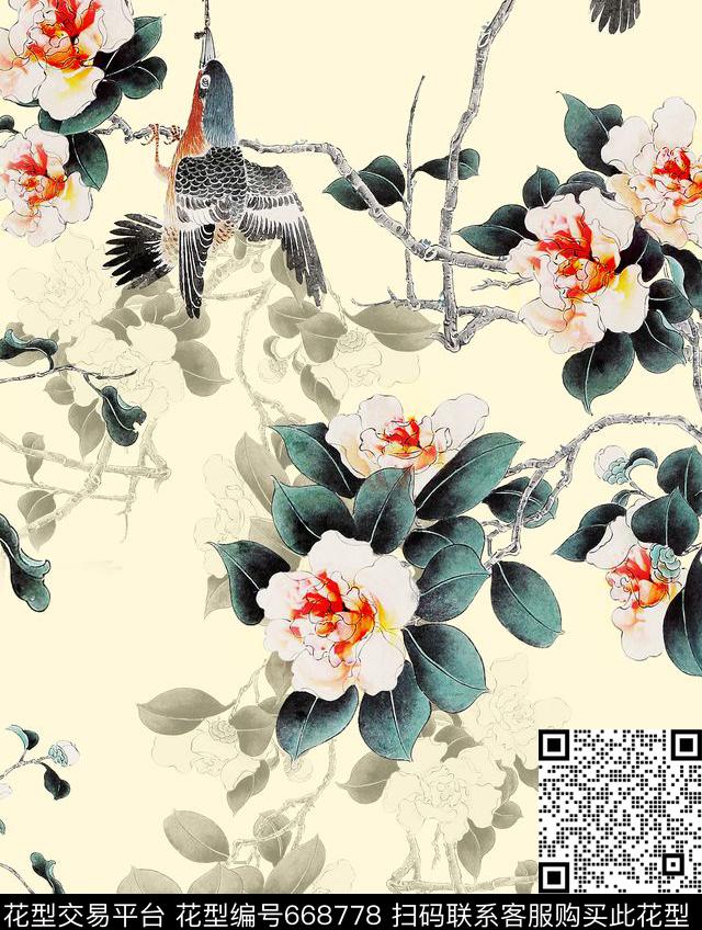 山水画民族风工笔画数码印花华亿平台下载（图片编号: 668778） - 瓦栏（Walan）