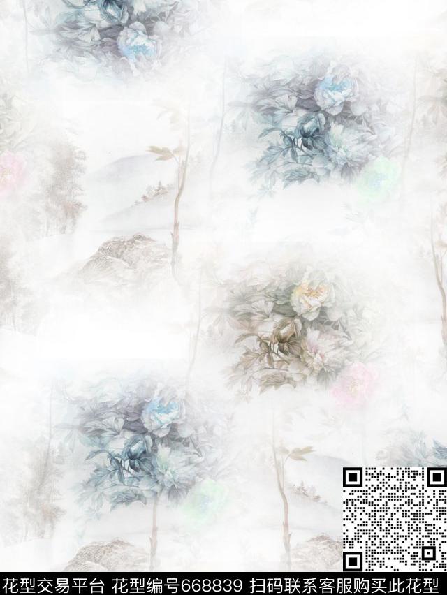 复古国画牡丹数码印花华亿平台下载（图片编号: 668839） - 瓦栏（Walan）