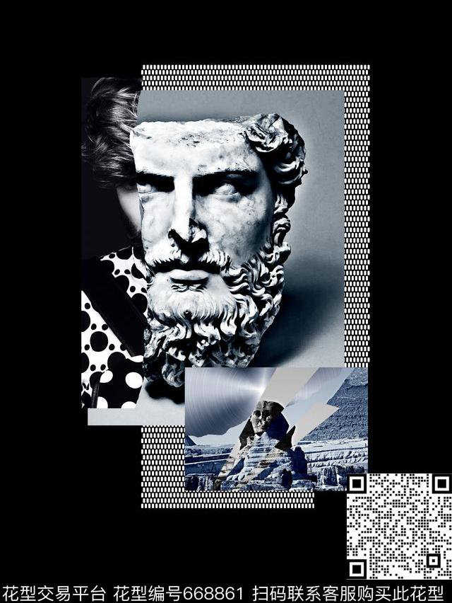 闪电石膏像几何拼接数码印花华亿平台下载（图片编号: 668861） - 瓦栏（Walan）