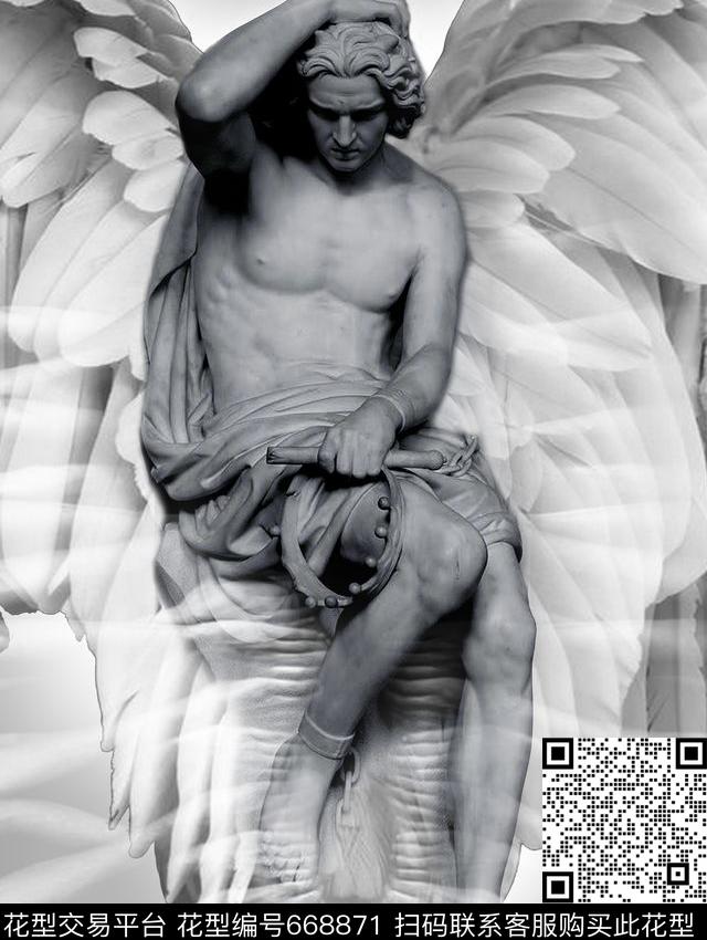 雕像翅膀黑白数码印花华亿平台下载（图片编号: 668871） - 瓦栏（Walan）