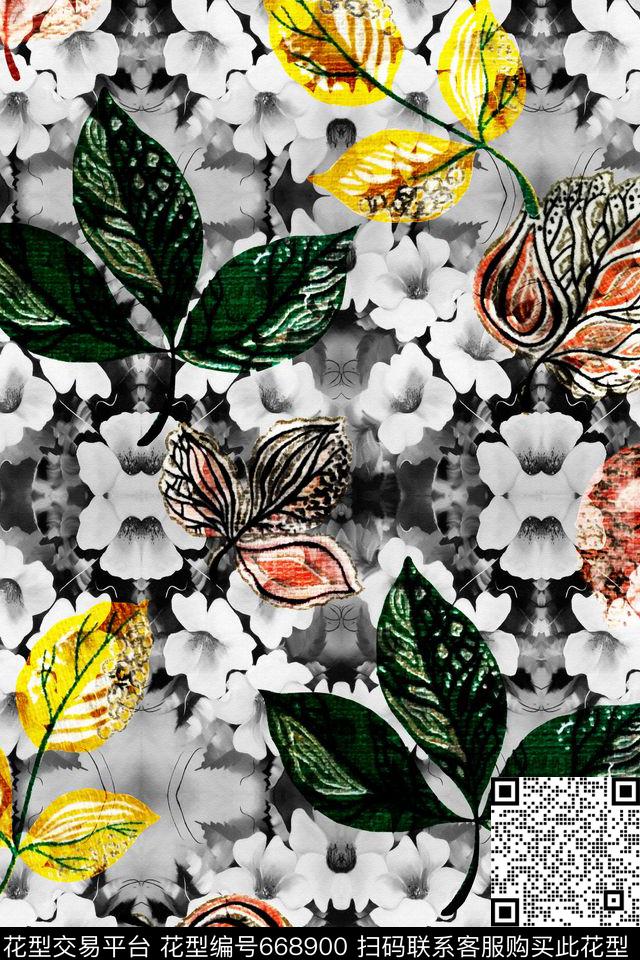 花卉叶子女装数码印花华亿平台下载（图片编号: 668900） - 瓦栏（Walan）