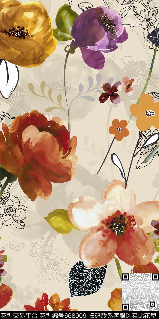 大花花朵花卉数码印花华亿平台下载（图片编号: 668909） - 瓦栏（Walan）
