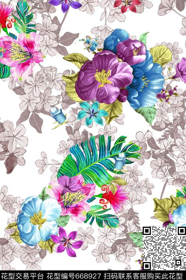花卉写实黑白数码印花华亿平台下载（图片编号: 668927） - 瓦栏（Walan）