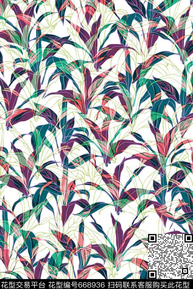 淡雅花卉多彩植物数码印花华亿平台下载（图片编号: 668936） - 瓦栏（Walan）