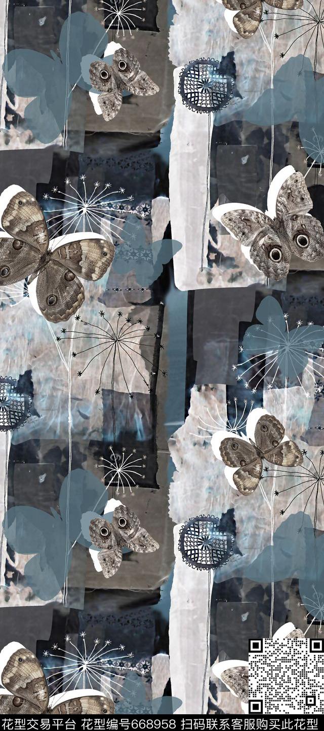 抽象手绘满版蝴蝶补丁花最新高清数码拼块花数码印花华亿平台下载（图片编号: 668958） - 瓦栏（Walan）