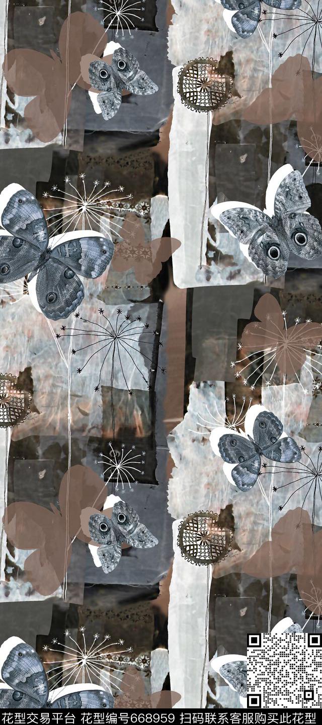 抽象手绘满版蝴蝶补丁花最新高清数码拼块花数码印花华亿平台下载（图片编号: 668959） - 瓦栏（Walan）