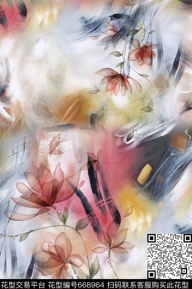 花卉肌理透明水彩数码印花华亿平台下载（图片编号: 668964） - 瓦栏（Walan）