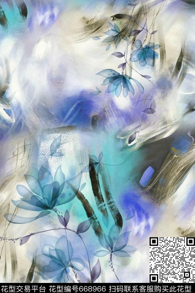 花卉肌理透明水彩数码印花华亿平台下载（图片编号: 668966） - 瓦栏（Walan）