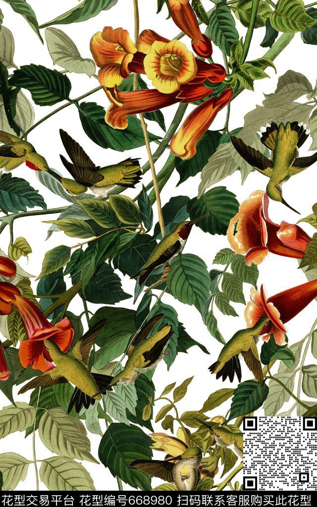 小鸟树叶蜂鸟数码印花华亿平台下载（图片编号: 668980） - 瓦栏（Walan）