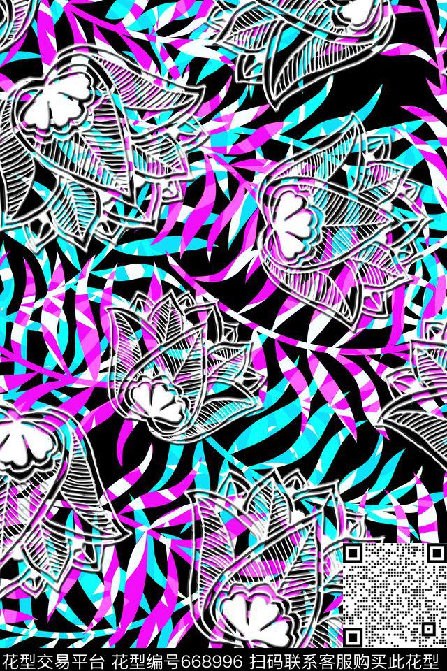 女装线条花树叶数码印花华亿平台下载（图片编号: 668996） - 瓦栏（Walan）