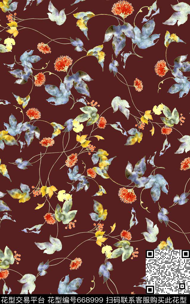 花朵水彩小花数码印花华亿平台下载（图片编号: 668999） - 瓦栏（Walan）