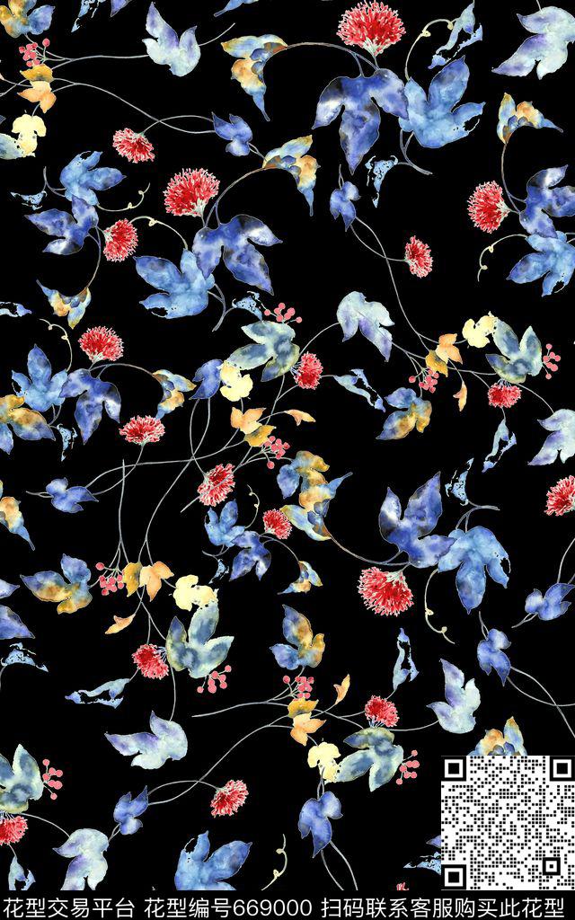 花朵水彩小花数码印花华亿平台下载（图片编号: 669000） - 瓦栏（Walan）