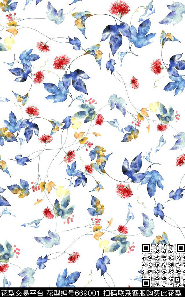 花朵水彩小花数码印花华亿平台下载（图片编号: 669001） - 瓦栏（Walan）