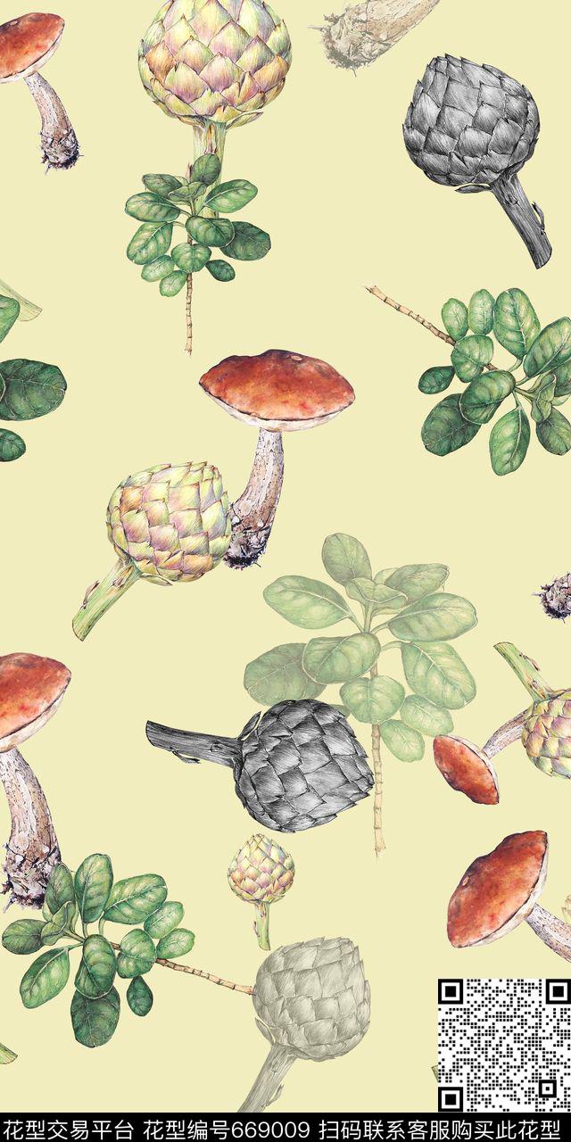 菠萝蘑菇树叶数码印花华亿平台下载（图片编号: 669009） - 瓦栏（Walan）