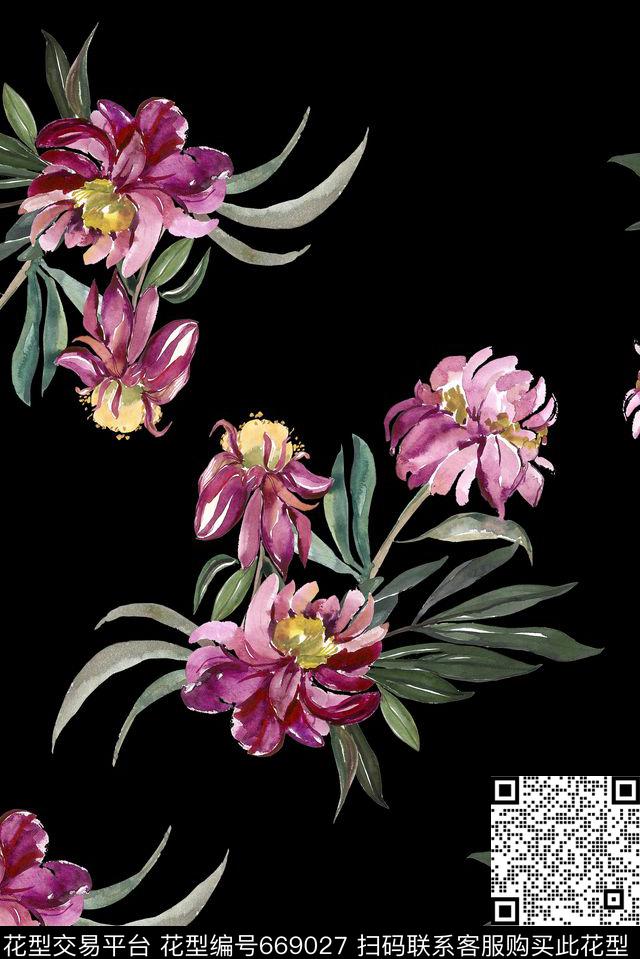 手绘热带花卉数码印花华亿平台下载（图片编号: 669027） - 瓦栏（Walan）