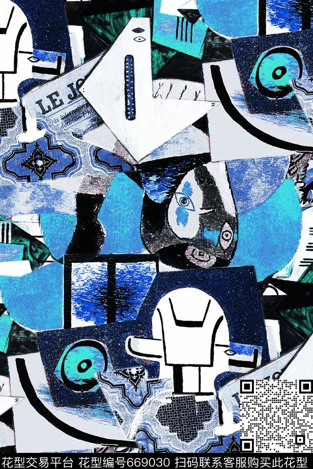 手绘几何抽象数码印花华亿平台下载（图片编号: 669030） - 瓦栏（Walan）