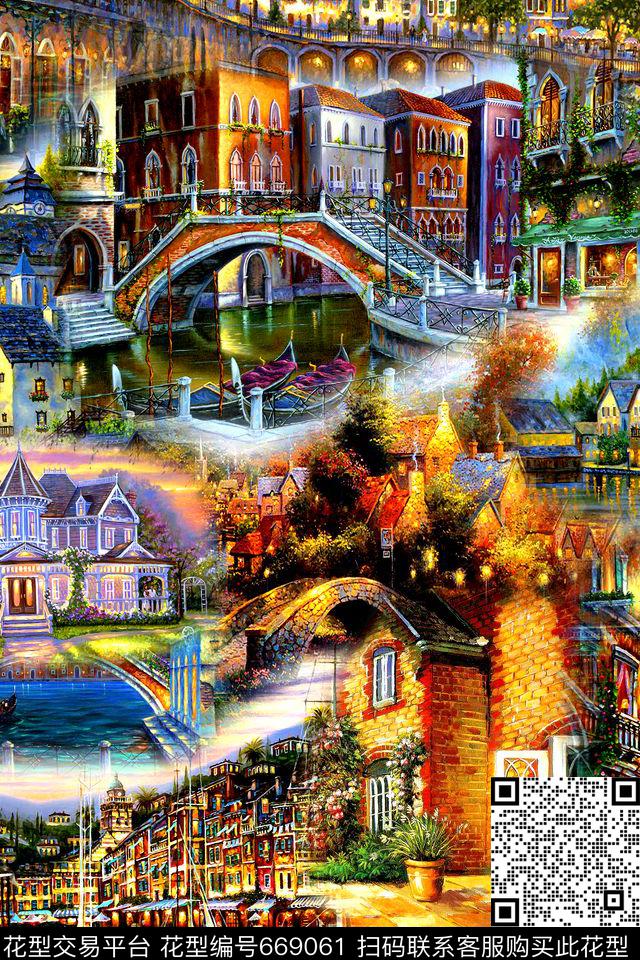 风景水彩画美国风景油画风景数码印花华亿平台下载（图片编号: 669061） - 瓦栏（Walan）