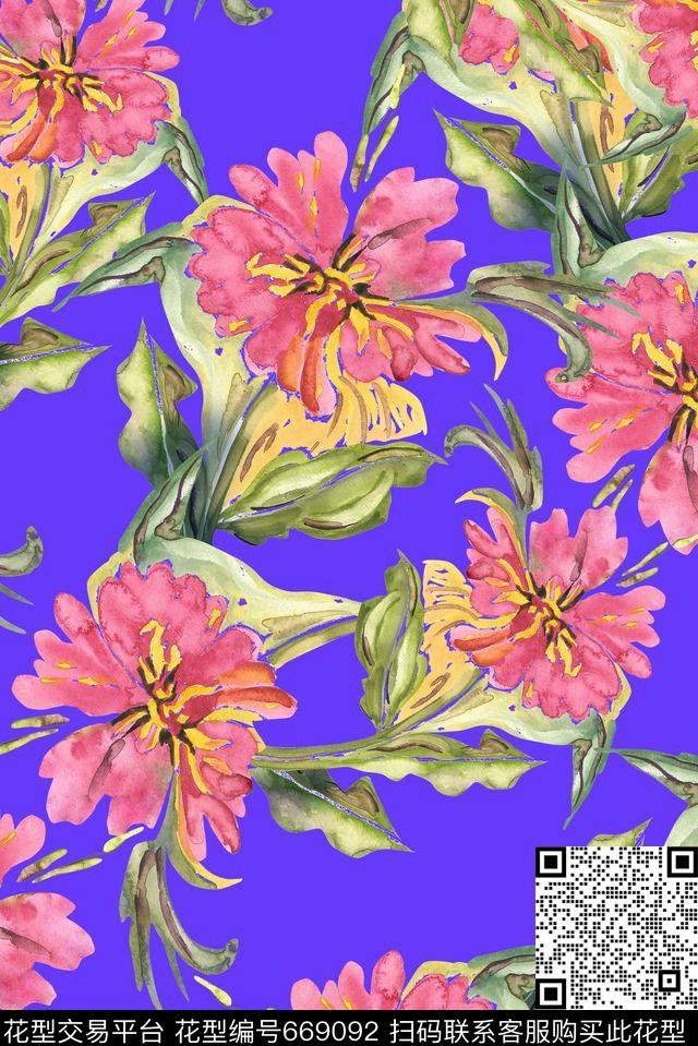 大朵手绘花卉数码印花华亿平台下载（图片编号: 669092） - 瓦栏（Walan）