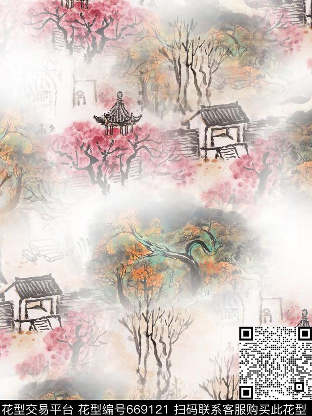 中国风水墨风景数码印花华亿平台下载（图片编号: 669121） - 瓦栏（Walan）