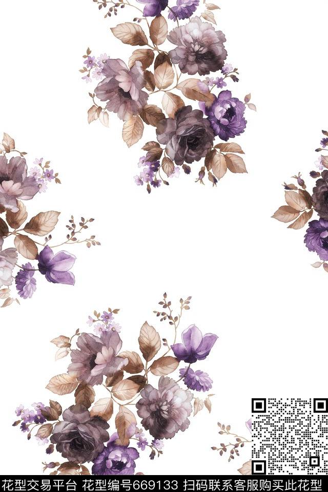 手绘单朵花卉数码印花华亿平台下载（图片编号: 669133） - 瓦栏（Walan）