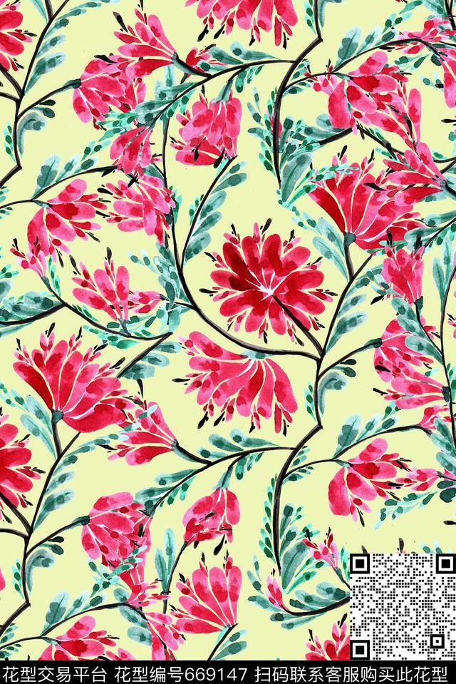 手绘花卉剪纸数码印花华亿平台下载（图片编号: 669147） - 瓦栏（Walan）