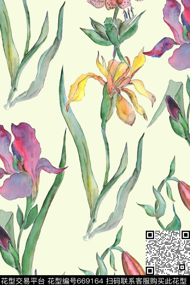 手绘淡雅瘦长数码印花华亿平台下载（图片编号: 669164） - 瓦栏（Walan）