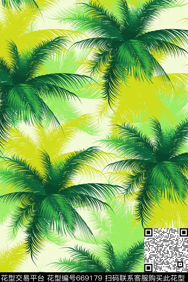流行时尚创意棕榈叶数码印花华亿平台下载（图片编号: 669179） - 瓦栏（Walan）