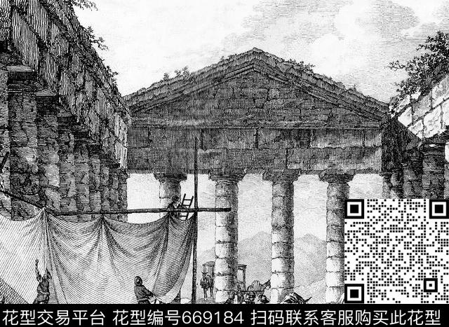 黑白城市剪影意大利建筑数码印花华亿平台下载（图片编号: 669184） - 瓦栏（Walan）