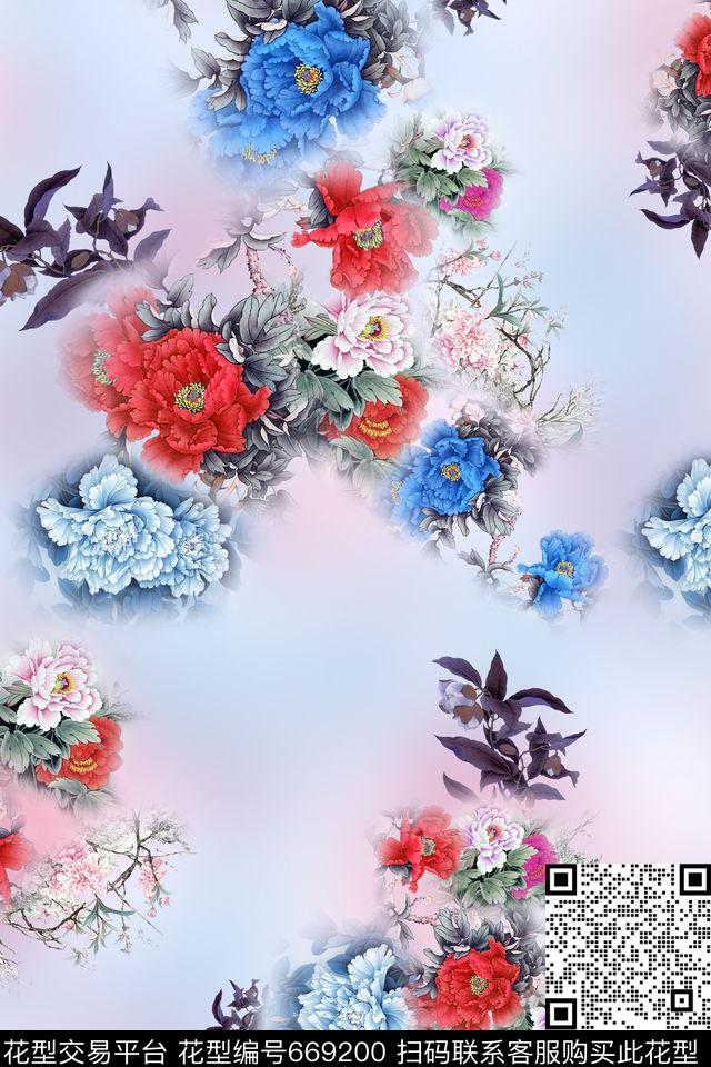 中国风牡丹花卉数码印花华亿平台下载（图片编号: 669200） - 瓦栏（Walan）
