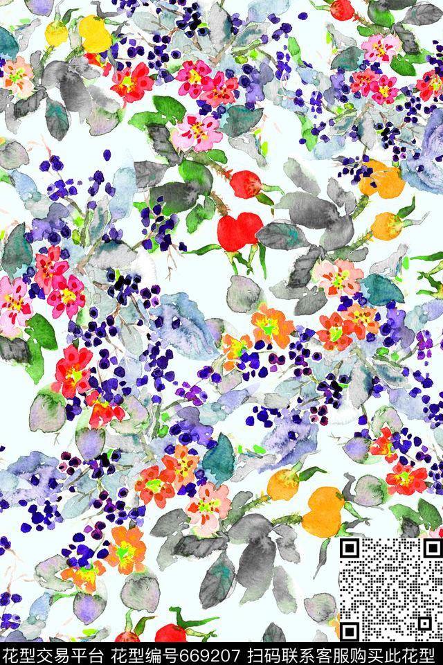 水彩花卉叶子数码印花华亿平台下载（图片编号: 669207） - 瓦栏（Walan）