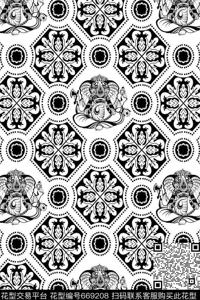 传统纹样大象图腾传统印花华亿平台下载（图片编号: 669208） - 瓦栏（Walan）