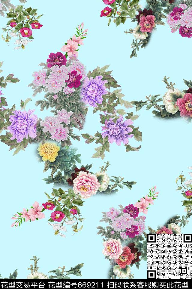 中国风牡丹花卉数码印花华亿平台下载（图片编号: 669211） - 瓦栏（Walan）