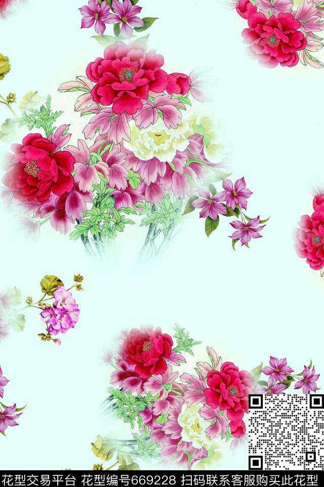 花卉牡丹中国风数码印花华亿平台下载（图片编号: 669228） - 瓦栏（Walan）