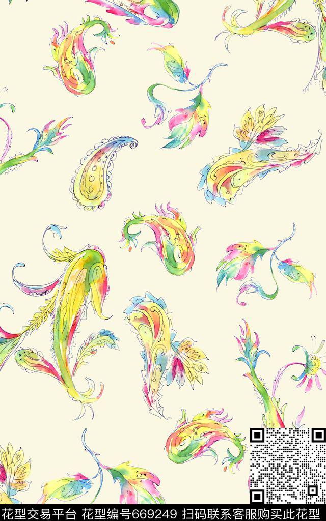 佩斯利炫彩腰果水彩数码印花华亿平台下载（图片编号: 669249） - 瓦栏（Walan）