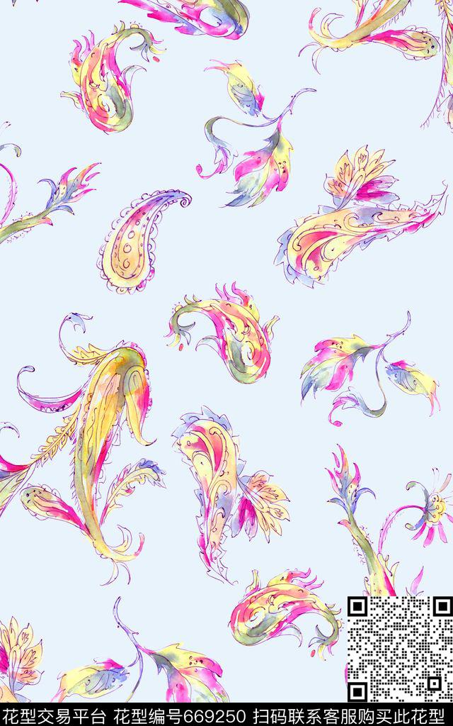 佩斯利炫彩腰果水彩数码印花华亿平台下载（图片编号: 669250） - 瓦栏（Walan）