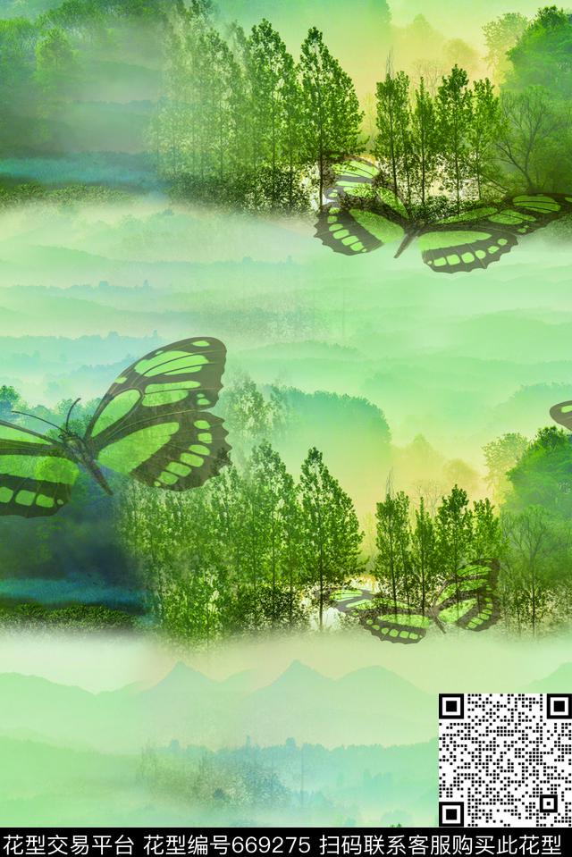 山川风景绿色数码印花华亿平台下载（图片编号: 669275） - 瓦栏（Walan）